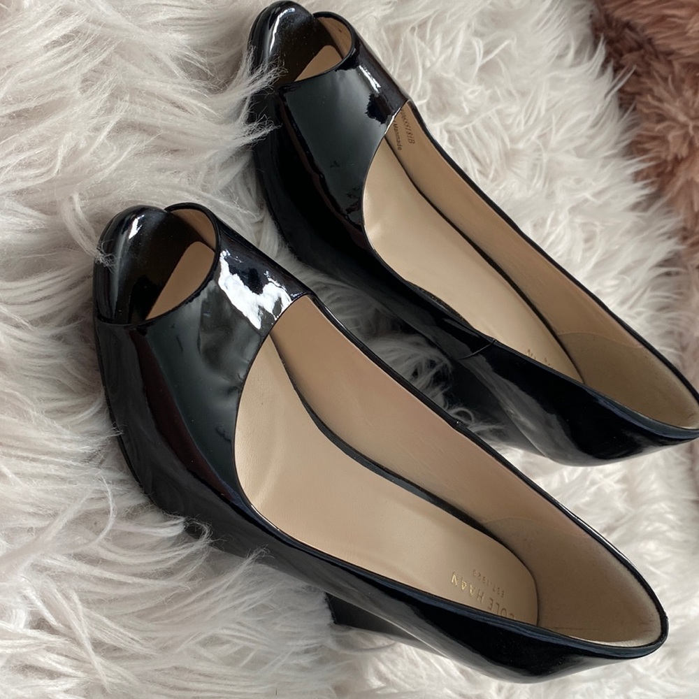 Cole Haan Patent Leather Peep Toe Wedge Pumps Size 8.5